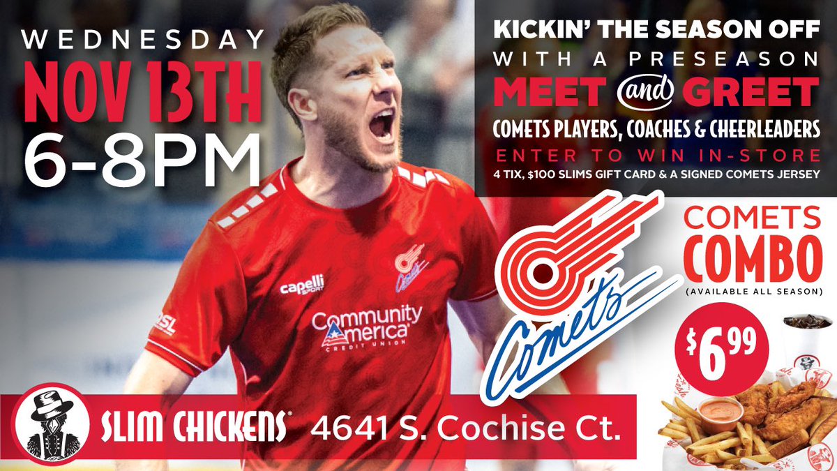 Kansas City Comets (@kccomets) on Twitter photo PRESEASON MEET AND GREET <a href="/slimchickens/">Slim Chickens</a> ☄️☄️☄️
Wednesday, November 13th 6-8pm
See you there Comets Nation 😎🐓 PRESEASON MEET AND GREET <a href="/slimchickens/">Slim Chickens</a> ☄️☄️☄️
Wednesday, November 13th 6-8pm
See you there Comets Nation 😎🐓
