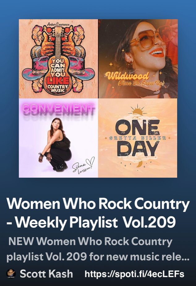 Scott Kash (@scottkash88) on Twitter photo NEW #WomenWhoRockCountry playlist Vol.209 with the best #newcountrymusic from Australia
<a href="/amberlawrence/">Amber Lawrence</a> - You Can Admit You Like Country Music
<a href="/lisadeangerous/">Lisa De Angelis</a> -Wildwood (Time To Grow Up)
<a href="/sienalarsson/">Siena Larsson</a> - Convenient
<a href="/GrettaZiller/">Gretta Ziller</a> - One Day
+MORE
#Spotify
spoti.fi/4ecLEFs NEW #WomenWhoRockCountry playlist Vol.209 with the best #newcountrymusic from Australia
<a href="/amberlawrence/">Amber Lawrence</a> - You Can Admit You Like Country Music
<a href="/lisadeangerous/">Lisa De Angelis</a> -Wildwood (Time To Grow Up)
<a href="/sienalarsson/">Siena Larsson</a> - Convenient
<a href="/GrettaZiller/">Gretta Ziller</a> - One Day
+MORE
#Spotify
spoti.fi/4ecLEFs