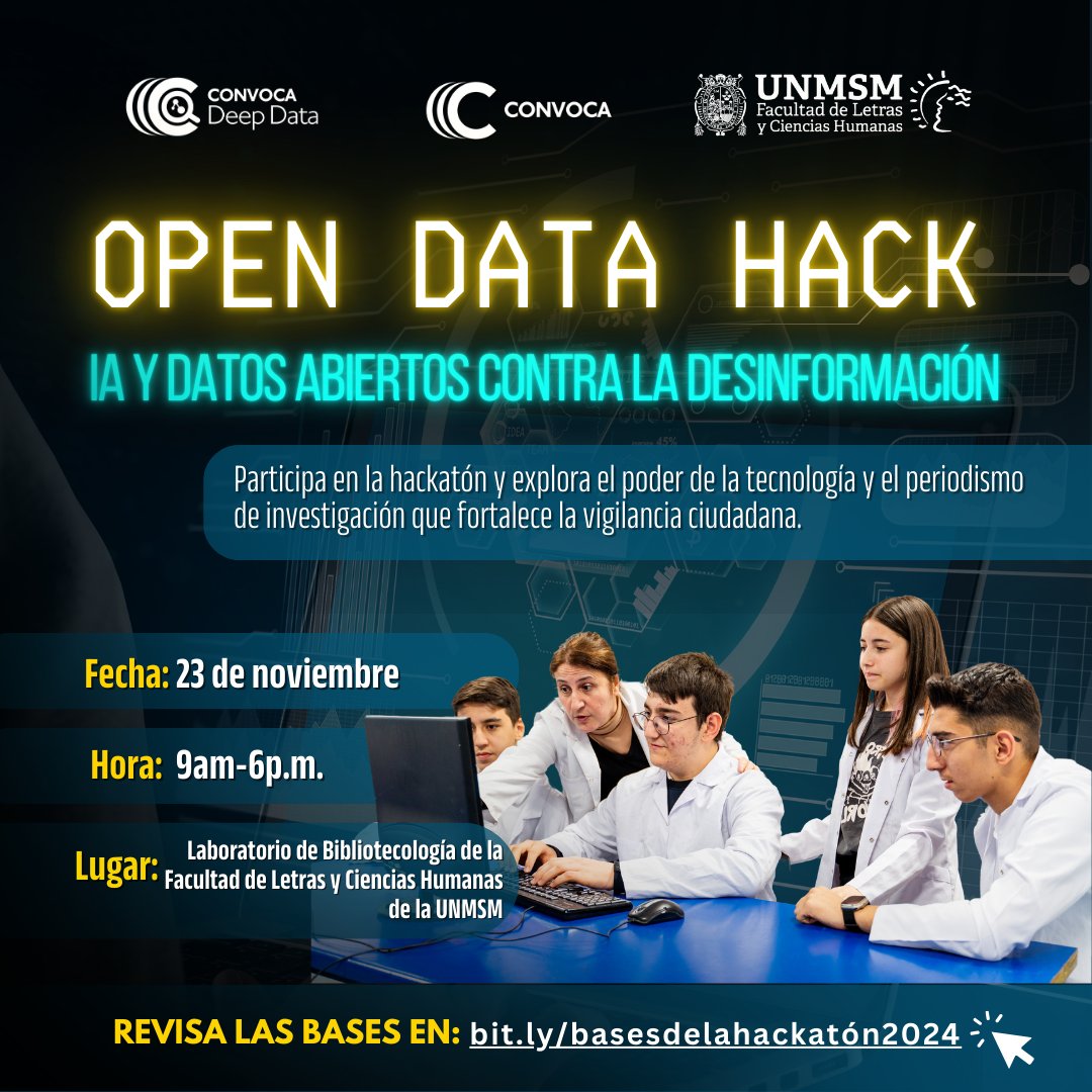 ConvocaPe's tweet photo. 1/3 🎉 ¡Únete al #OpenDataHack: IA y Datos Abiertos Contra la Desinformación! Este 23 de noviembre, en @UNMSM_, formaremos equipos multidisciplinarios para crear prototipos tecnológicos que impulsen la transparencia y combatan la desinformación en #Perú. 🌐👥#Convoca #IA https://t.co/xgpCrpSJWD