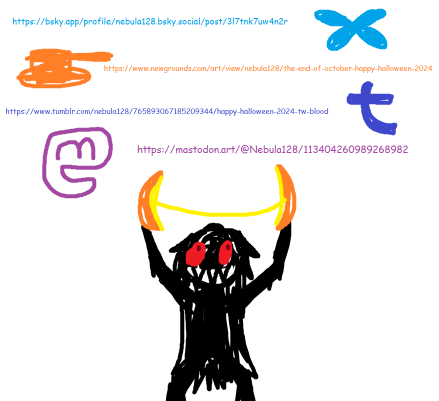 Nebula128's tweet photo. Happy Halloween, everyone! 🎃
I made a Krita drawing of The End put on all of my socials to celebrate (links pictured below) https://t.co/QxJxLbTw1Y