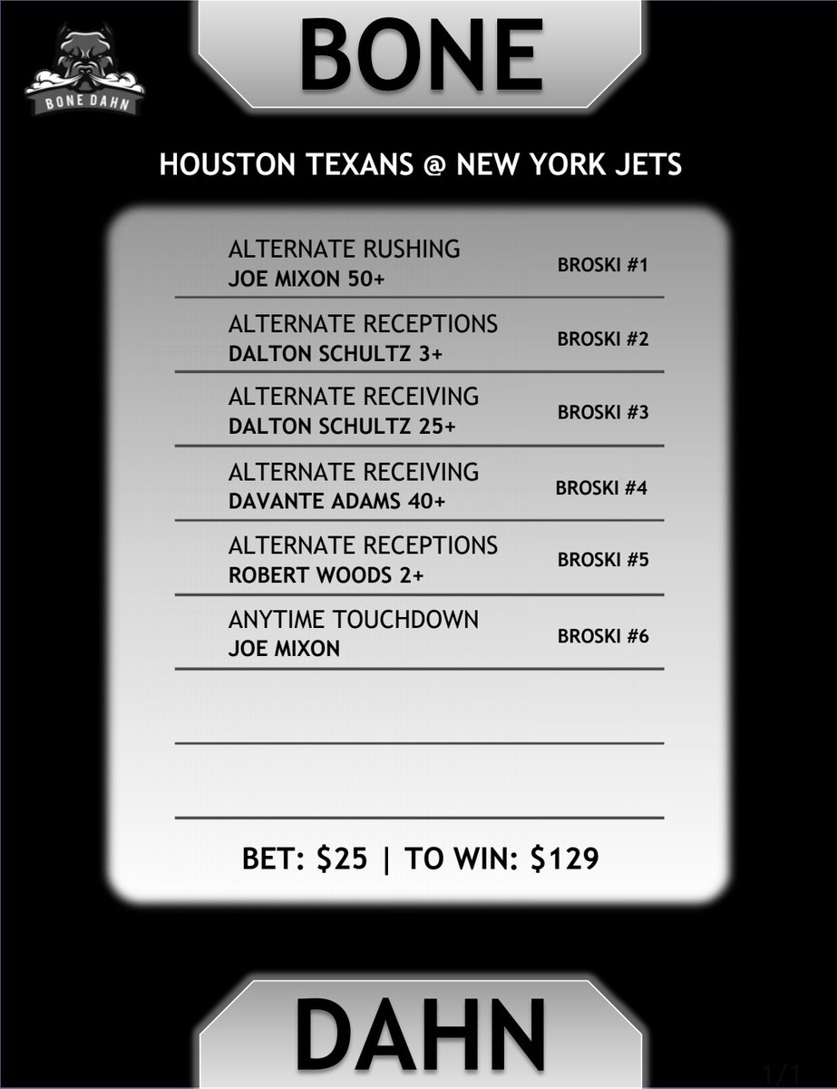 BoneDahnBroskis's tweet photo. Oh this one looks like an absolute HEATER!

Can the boys make it three in a row?

Vikings @ Rams 🟢
Giants @ Steelers 🟢
Texans @ Jets ⚪

Let's light 'er up green Broskis.

#tnfonprime #Jets #Texans #NFL https://t.co/EiDB3fN0YN