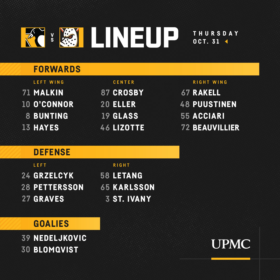 penguins's tweet photo. Welcome to the lineup, Blake Lizotte!

Here's the lines for tonight's Halloween showdown against Anaheim. https://t.co/mxmegeUx8c