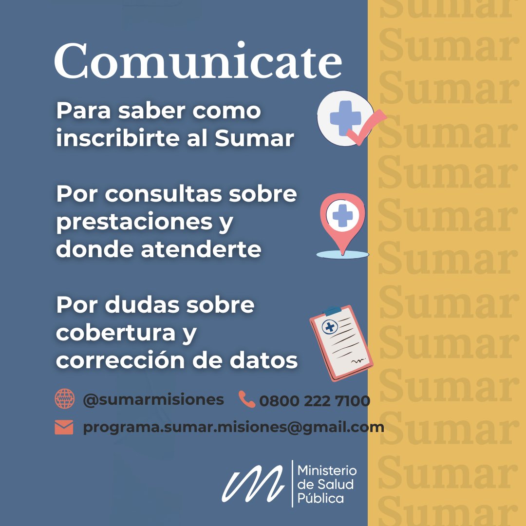 🏥 En todos los CAPS y Hospitales de la provincia podés acceder de forma gratuita a la cobertura del Sumar.
 
👥 Sólo es necesario que te presentes con tu DNI para solicitar la inscripción.