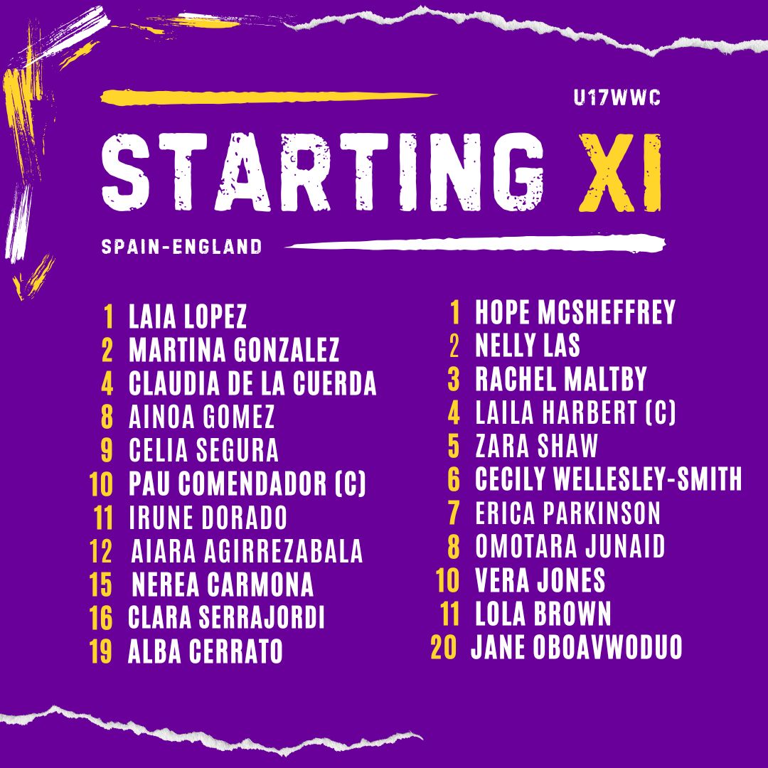 GirlsontheBall's tweet image. TEAMS 📋 | How Spain + England line up this evening:

One change for Natalie Henderson from the side that started against Japan. Omotara Junaid comes into the midfield in place of Emily Cassap.

#ESPENG | #U17WWC | #YoungLionesses