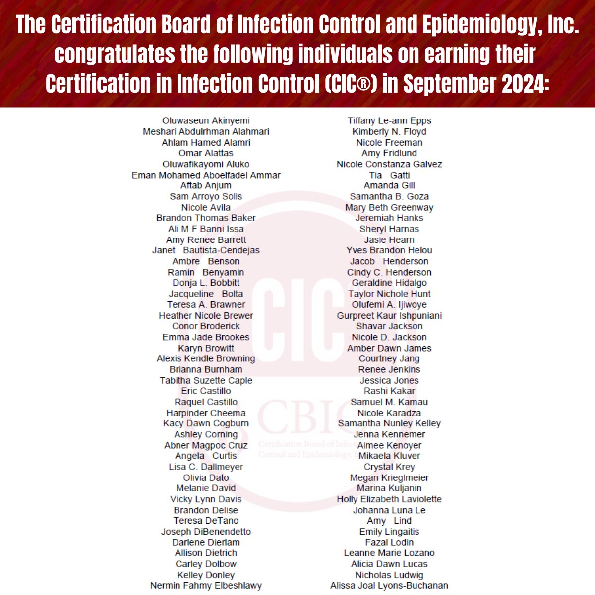 CBIC's tweet photo. Congratulations to the following individuals for demonstrating a commitment to the field of infection prevention and control and earning their #CIC in the month of September! Interested in pursuing the CIC®? https://t.co/67z5kxnaG7 #certification #infectionprevention https://t.co/MlrBGdisVZ