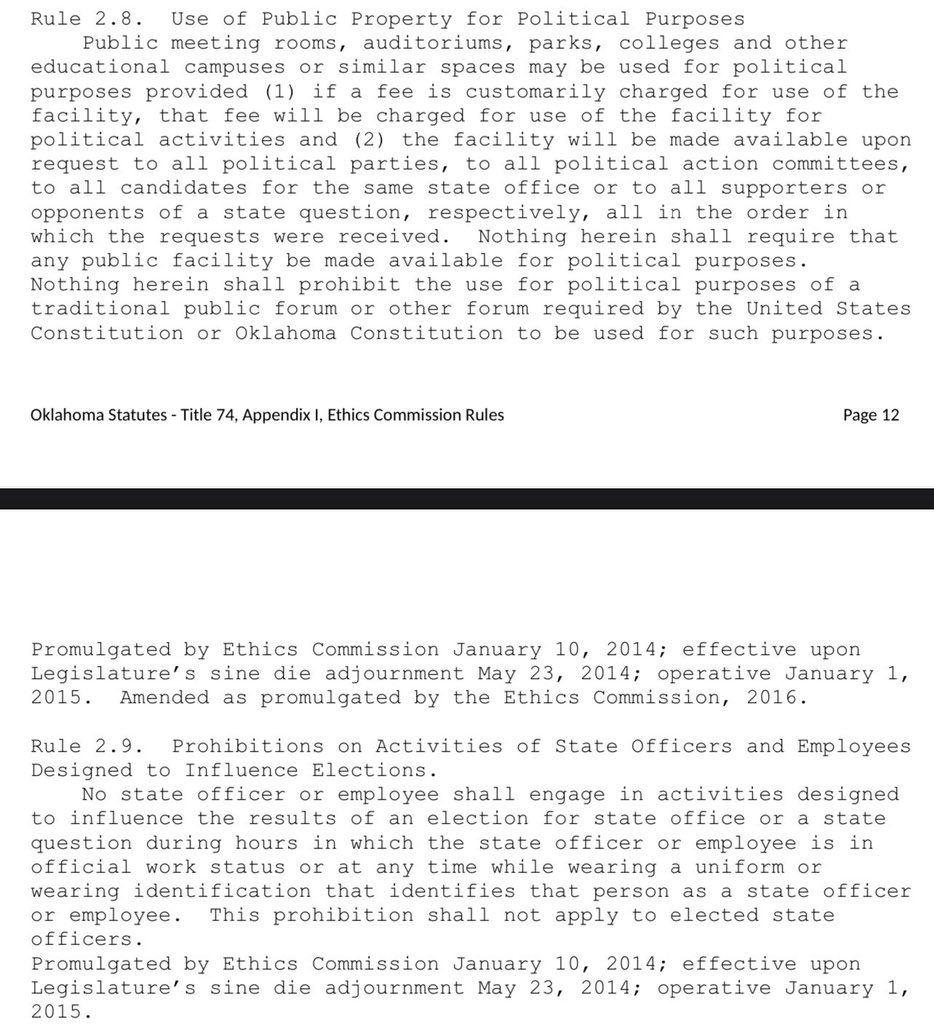 CyndiMunsonOK's tweet photo. Each day RW isn’t held accountable by the GOP supermajority, the more &amp; more emboldened he is to do whatever he wants—like here, where he’s breaking @EthicsOKgov Rules. https://t.co/okixASXgUs