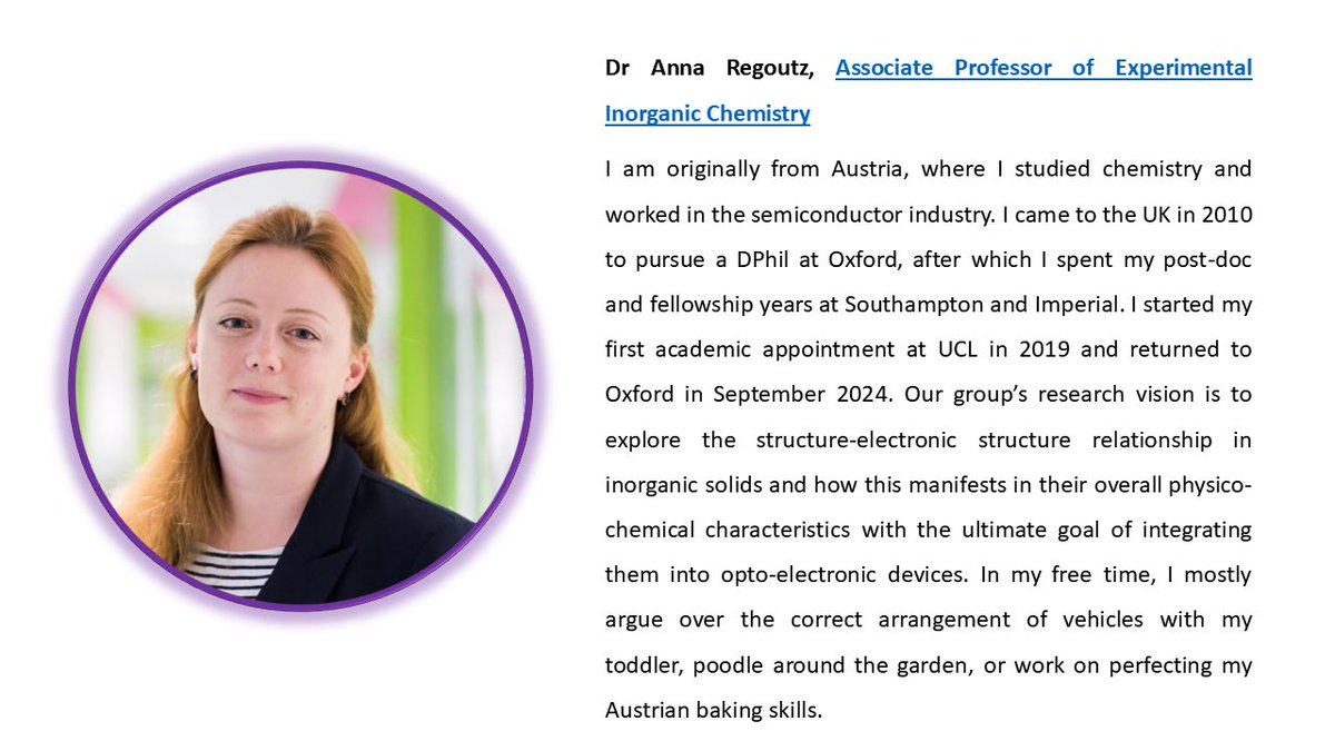 OxWiChem's tweet image. Kicking of November with our latest RedOxWiChem Profiles are is our newest professor of Inorganic chemistry at Oxford, Dr Anna Regoutz @bluebananna and our new MPLS EDI Fellow and OxWiChem General Member, Neave Taylor. #Oxfordchemistry #womeninchemistry
