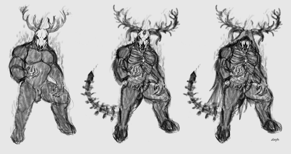 alephdraws's tweet photo. I've been waiting to show deer lord Myrmidon's final form's concept art for a while now... withered, corrupted, yet renewed in his vigor, not to mention bigger (all over). (As I used to say back then, from Bambi to Morbi...) https://t.co/ESIKNxfF05