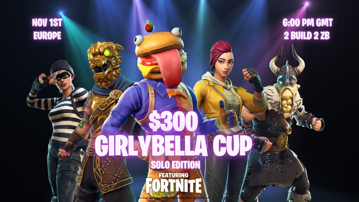 🏆$300 GB SOLO CUP🏆

📅November 1st
🎯99 Solo Players
🎮2 Builds + 2 ZB on EU

📌To Play:
- Follow 
@igirlybella
✍️
- Like &amp; Retweet ♻️
- Reply with interest 💜