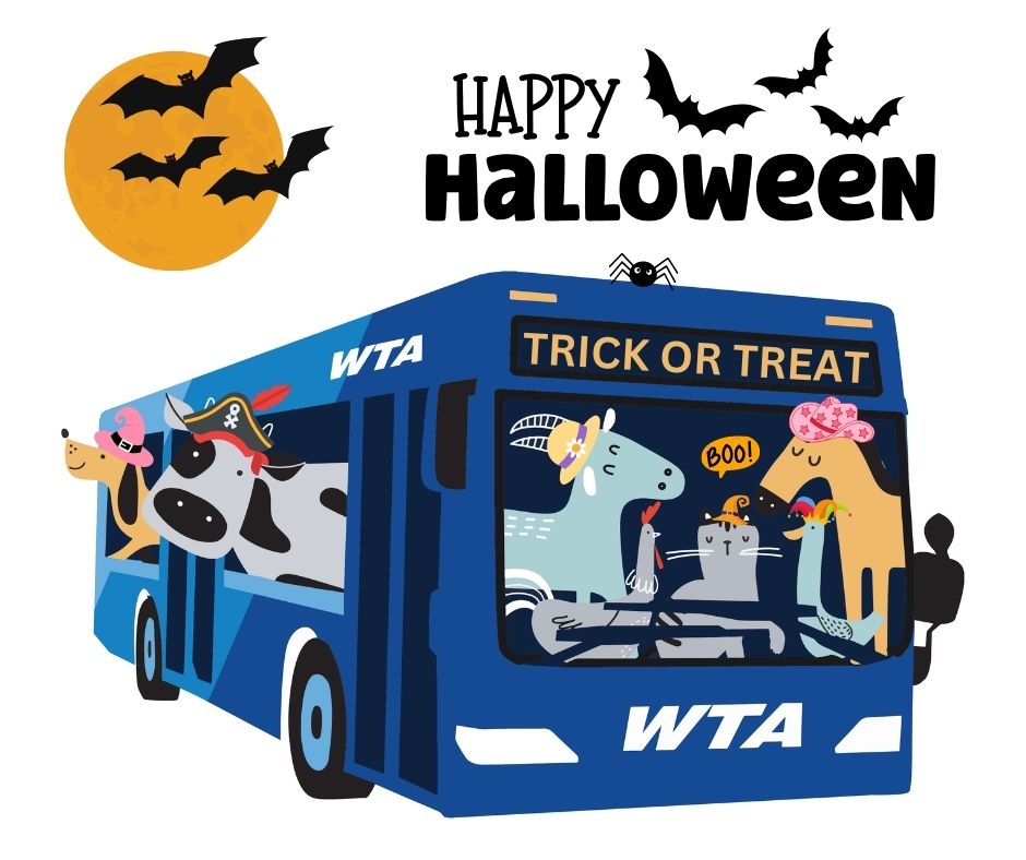 Happy Halloween from WTA! If you're trick-or-treating in Downtown Bellingham tonight, swing by Bellingham Station for some treats! We'll have candy and stickers from 4:00 - 6:00 p.m.
Stay safe, have fun, and enjoy a spooky night on the town!