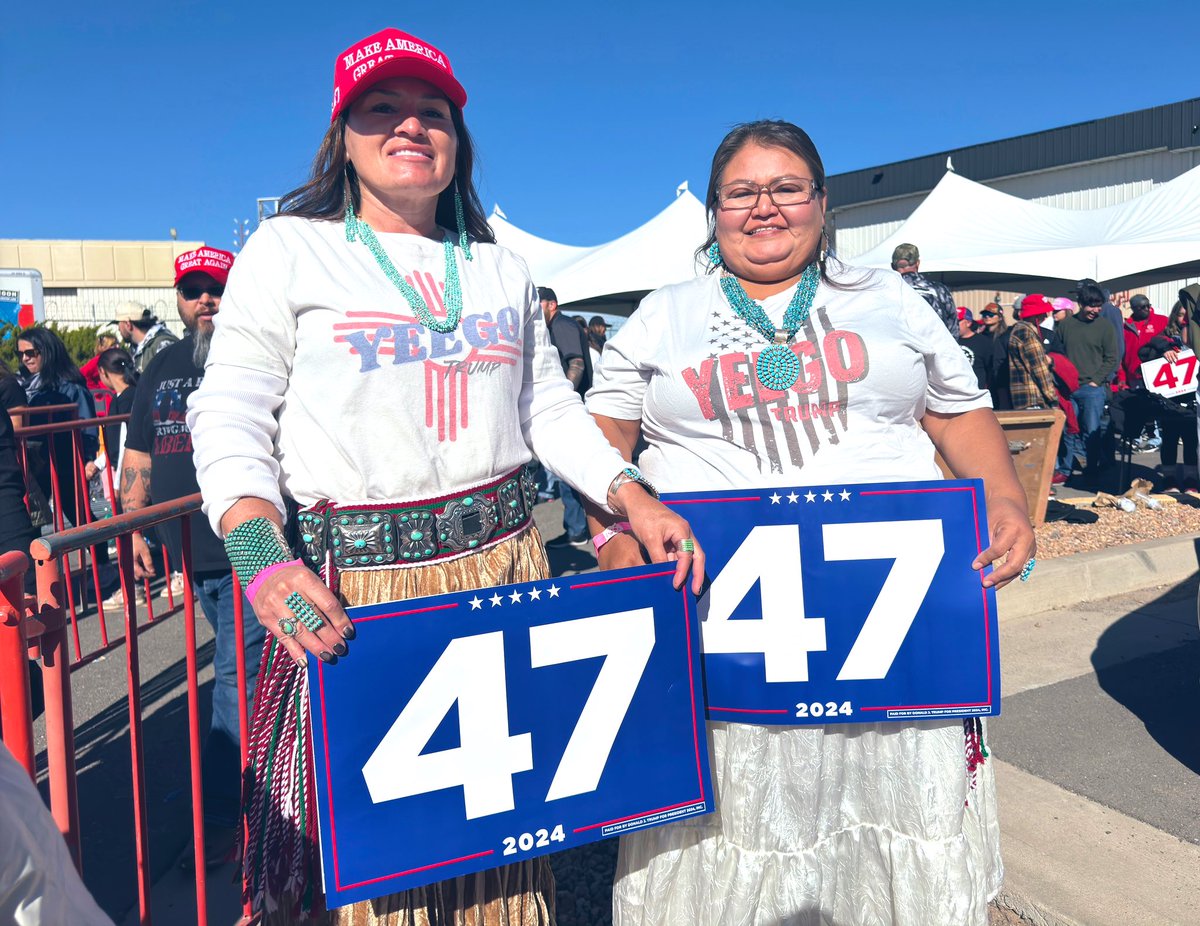 navajotimes's tweet photo. βYΓ©egoβ Trump supporters
1.Women wearing ribbon skirts: Jen Tomasik, left, a citizen of the Confederated Tribes of the Colville Reservation and the Confederated Salish and Kootenai Tribes, stands with Brandi Ross, a citizen of the Cherokee Nation, after the Trump rally in Albuquerque. Tomasik and Ross are from Tahlequah, Okla.
2.Women wearing βYeegoβ T-shirts: Liz Clawson, left, and Amanda Tolino, right, from Navajo, N.M., hold up β47β campaign signs in Albuquerque during Trumpβs stop on Oct. 31.
3.Pair - man and woman: Jake Chee, left, and Yolanda Chee, right, of Tohatchi, N.M., attend the Trump campaign rally in Albuquerque on Oct. 31.
https://t.co/oIvSxHXulG photo: From left to right, Matthew Jaramillo, Alice Etcitty, Josh Valdez, and Doris Jaramillo, of Farmington, N.M., attend the Trump campaign rally in Albuquerque on Oct. 31.
Navajo Times | Nicholas House