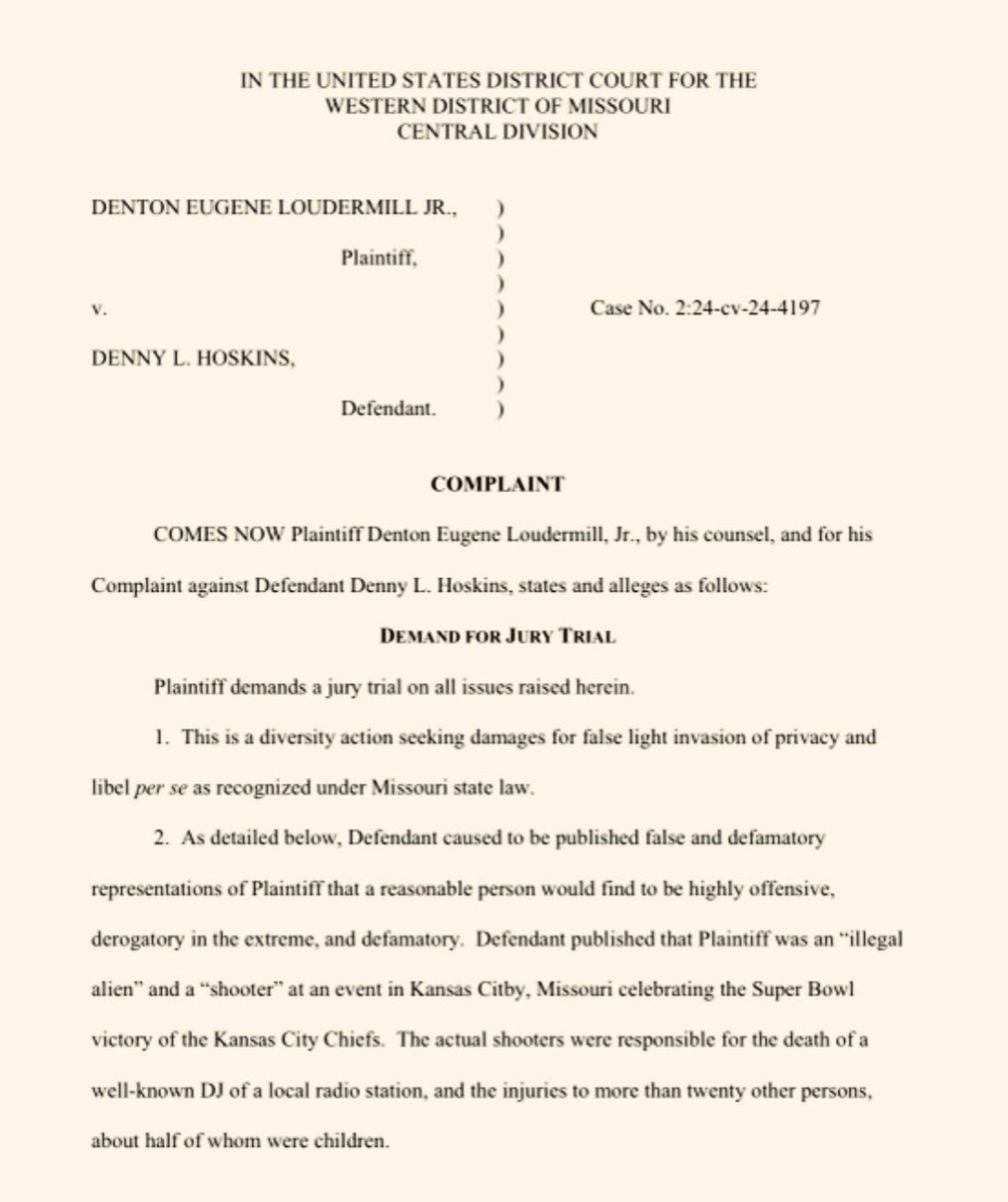 ScottCharton's tweet image. NEW: Federal lawsuit filed in Kansas City, Mo., by man claiming GOP nominee for Missouri SOS defamed him, by falsely claiming he was fatal "shooter" at @Chiefs Union Station rally - and an "illegal" immigrant. 
#mosos #moleg