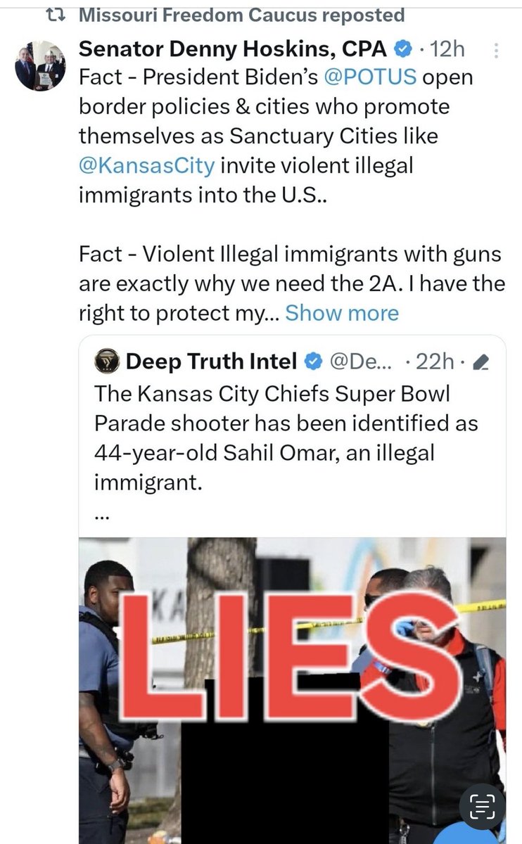 ScottCharton's tweet image. NEW: Federal lawsuit filed in Kansas City, Mo., by man claiming GOP nominee for Missouri SOS defamed him, by falsely claiming he was fatal "shooter" at @Chiefs Union Station rally - and an "illegal" immigrant. 
#mosos #moleg