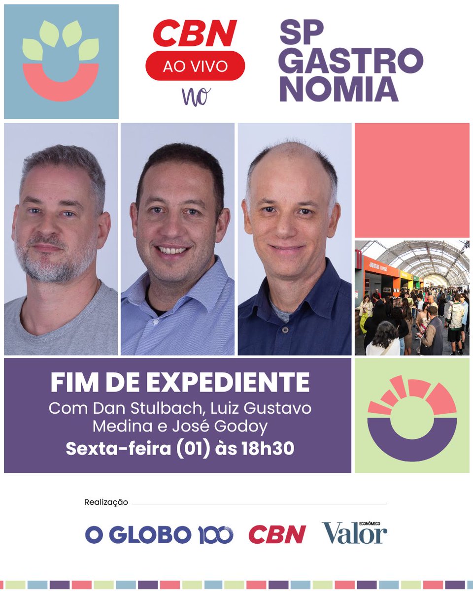 A CBN vai marcar presença no SP Gastronomia a partir desta sexta-feira (1º)! Às 18h30, <a href="/danstulbach/">Dan Stulbach</a>, <a href="/tecomedina/">Teco</a> e Zé Godoy (<a href="/Artedeandar/">José Godoy</a>) recebem Rodrigo Oliveira, chef do Mocotó, e Edrey Momo, empresário e sócio do Tasca da Esquina, no <a href="/fdecbn/">Fim de expediente</a>.