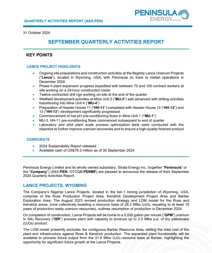 PEN_Energy's tweet image. $PEN is pleased to release its September Quarterly Activities Report.
Key workstreams included ongoing site preparations and construction activities at the flagship Lance #uranium Project in Wyoming, USA with $PEN on track for restart in Dec. 2024
bit.ly/3AwWQ1U