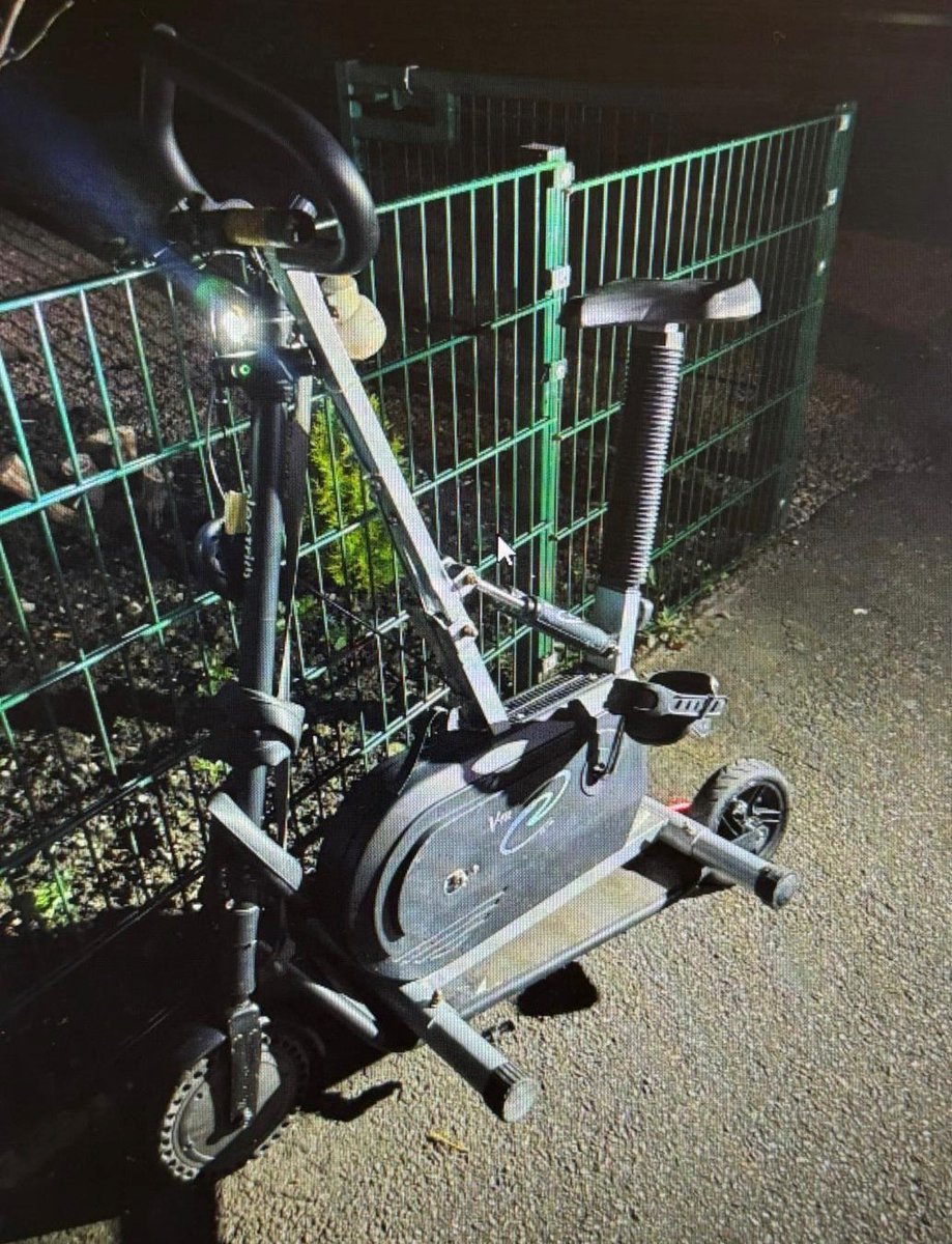 PSOSRoads's tweet photo. #HighlandandIslandsRP officers spotted this adapted e-scooter being ridden around #Inverness last night without relevant docs. 

Yes, that is an exercise bike welded to it.

Rider reported, vehicle seized.

#S165 https://t.co/o6krs31ttj