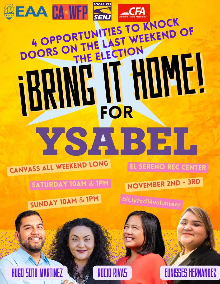 Join <a href="/EAA/">EAA</a> <a href="/CA_WFP/">California Working Families Party 🐺</a> <a href="/SEIU721/">SEIU 721</a> <a href="/CFA_United/">California Faculty Association</a>  <a href="/HugoForCD13/">Hugo Soto-Martínez</a> <a href="/EunissesH/">Eunisses Hernandez</a> @drrivas2022 and MORE for a weekend of canvassing and community. We won the World Series, now let's bring it home for CD-14!

RSVP: bit.ly/cd14volunteer