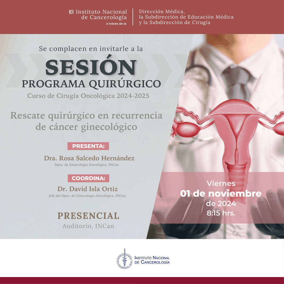 DocenciaIncan.MX (@docenciaincan) on Twitter photo La Dirección de Docencia y la Subdirección de Cirugía invitan a la sesión del Programa Quirúrgico del Curso de Cirugía Oncológica del INCan, el día 1 de noviembre de 2024 de 08:15 a 09:15 horas.
Presencial para 300 personas.
<a href="/ogarrieta/">Oscar Arrieta</a> <a href="/Betzabe100/">Erika Ruiz-Garcia</a> <a href="/mtzsaid/">Hector Martinez Said</a> <a href="/zapata_nidia/">nidia zapata</a> La Dirección de Docencia y la Subdirección de Cirugía invitan a la sesión del Programa Quirúrgico del Curso de Cirugía Oncológica del INCan, el día 1 de noviembre de 2024 de 08:15 a 09:15 horas.
Presencial para 300 personas.
<a href="/ogarrieta/">Oscar Arrieta</a> <a href="/Betzabe100/">Erika Ruiz-Garcia</a> <a href="/mtzsaid/">Hector Martinez Said</a> <a href="/zapata_nidia/">nidia zapata</a>