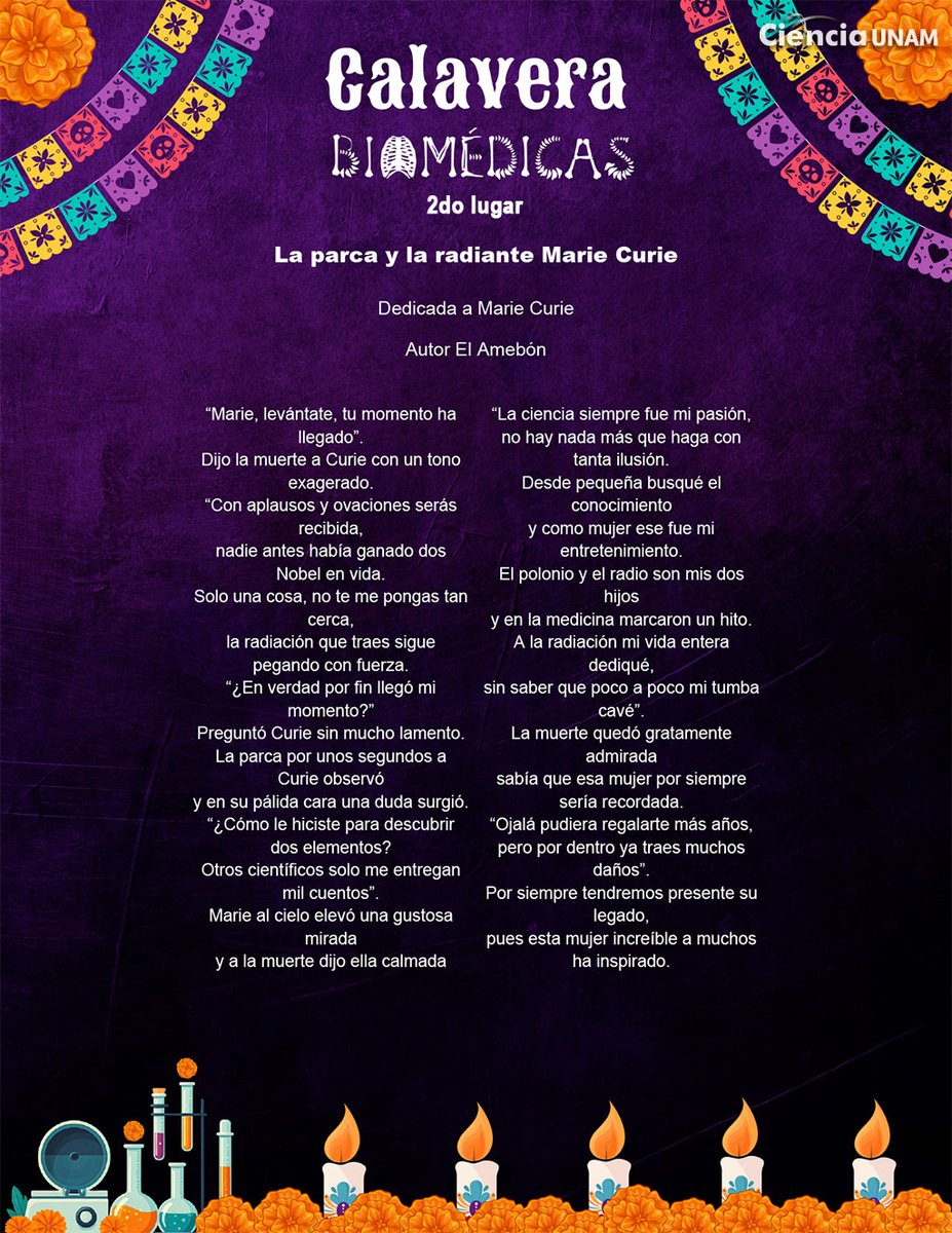 Ciencia_UNAM's tweet photo. #Calaveritas #ConCiencia | #MarieCurie inspiró al segundo lugar del concurso Calaveras del @biomedicasunam
Más ganadores acá: https://t.co/z4GQn07R3x
Recordamos a Curie como la mujer que descubrió el #radio y abrió la posibilidad de fechar grandes procesos en nuestro planeta. https://t.co/0Eait2tlrg