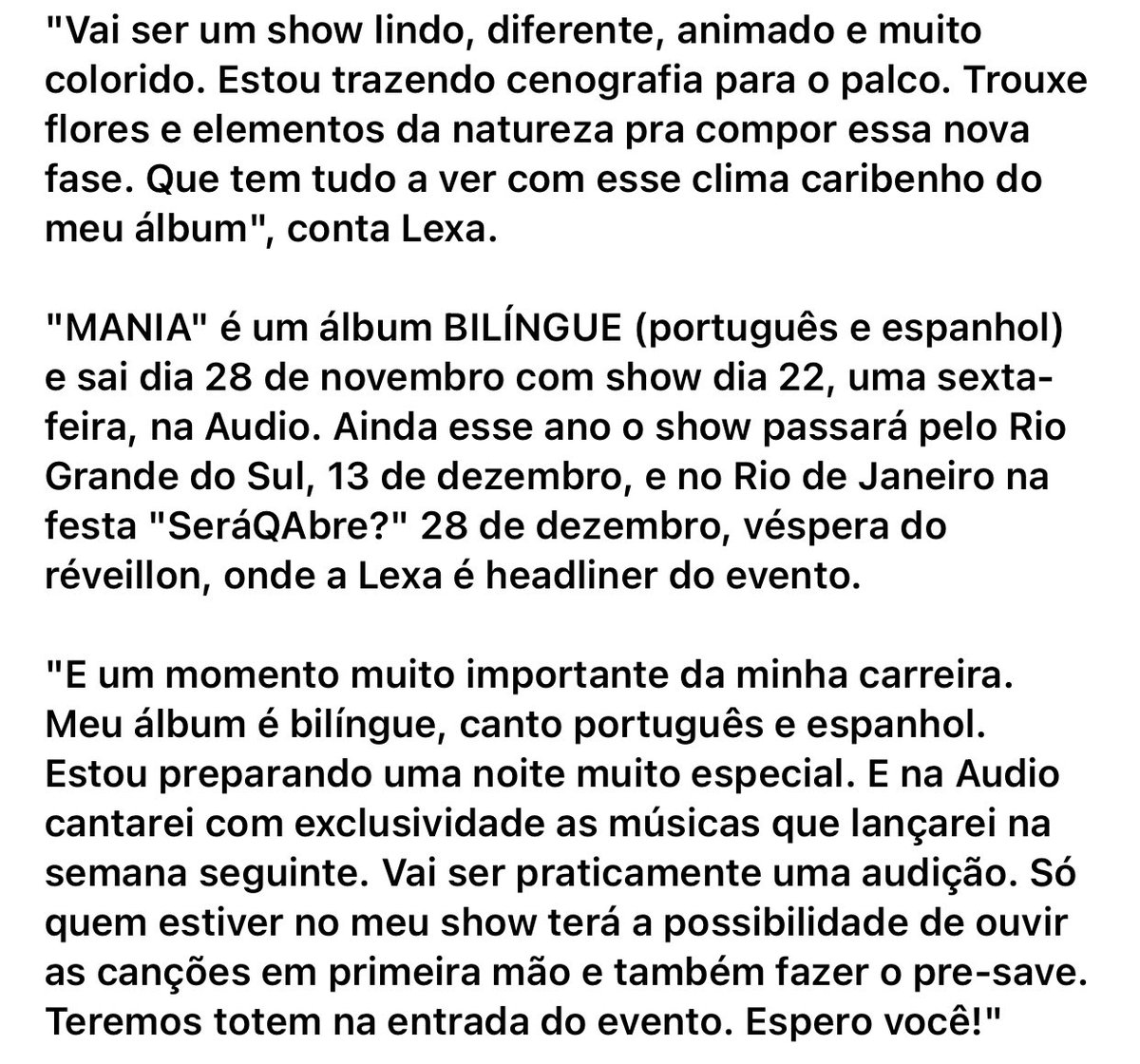 POP EMERGENCY!!🚨 Lexa anunciou o lançamento do seu novo álbum bilíngue “MANIA” para o dia 28 de novembro. 

— A cantora entra em turnê dia 22/11.
