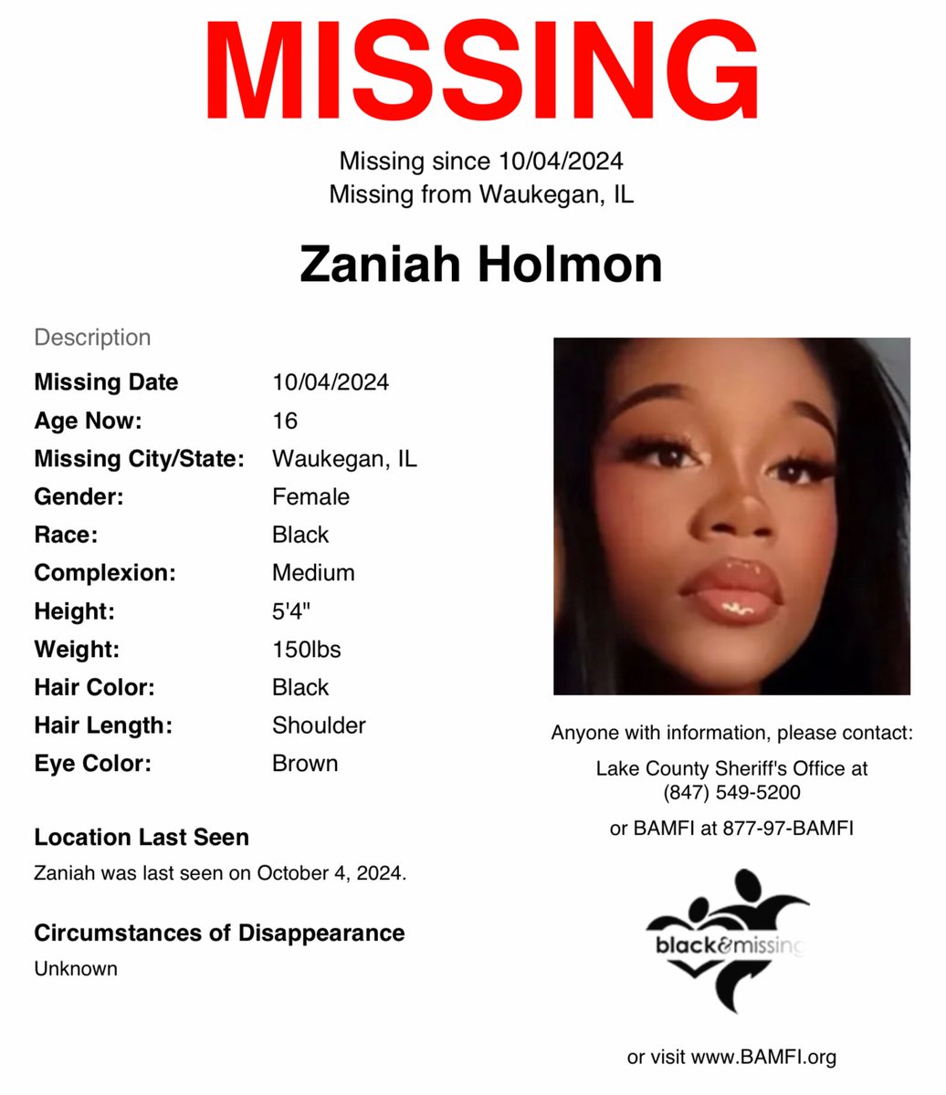 BAM_FI's tweet image. #Waukegan, #Illinois: 16y/o Zaniah Holmon has been #missing since October 4.

Have you seen Zaniah? #ZaniahHolmon