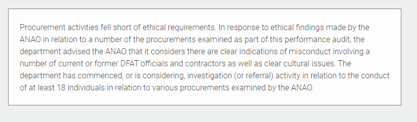 stephendziedzic's tweet photo. Very uncomfortable reading for @dfat leadership - ANAO examines procurement by passport office, and says there are "clear indications of misconduct" by officials and contractors. No open and competitive processes. 18 individuals being investigated. And this Port Douglas trip... https://t.co/I9jQuuJamF