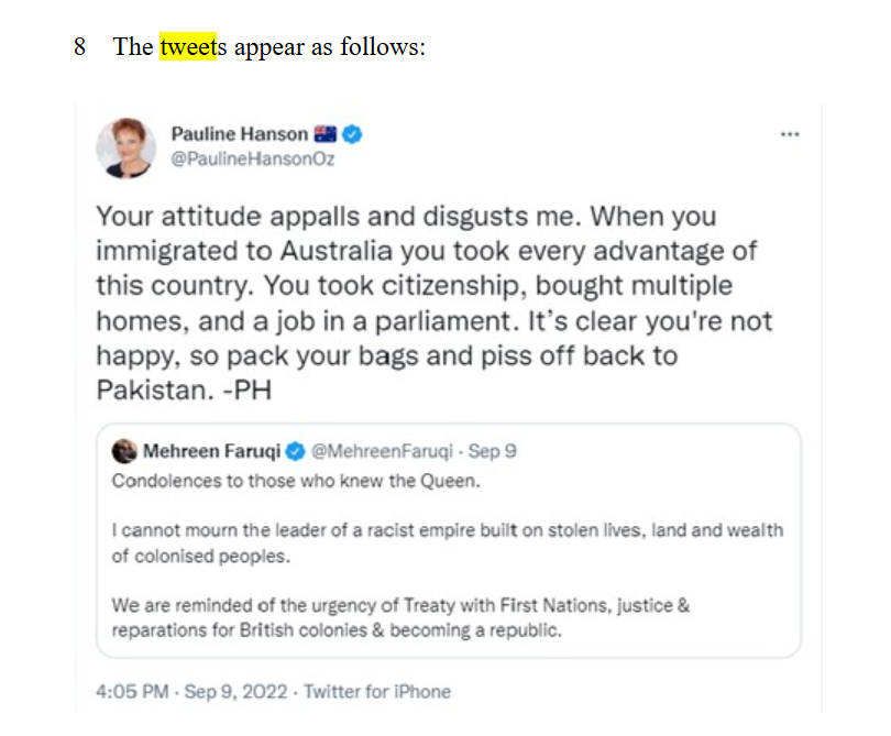 FSUofAustralia's tweet photo. Another day, another Twitter order. This time @PaulineHansonOz has been ordered to remove a tweet from her account in seven days by a Federal Court Judge. Here's her tweet in the Judgment on the Federal Court's website. https://t.co/VRytzOE9AI