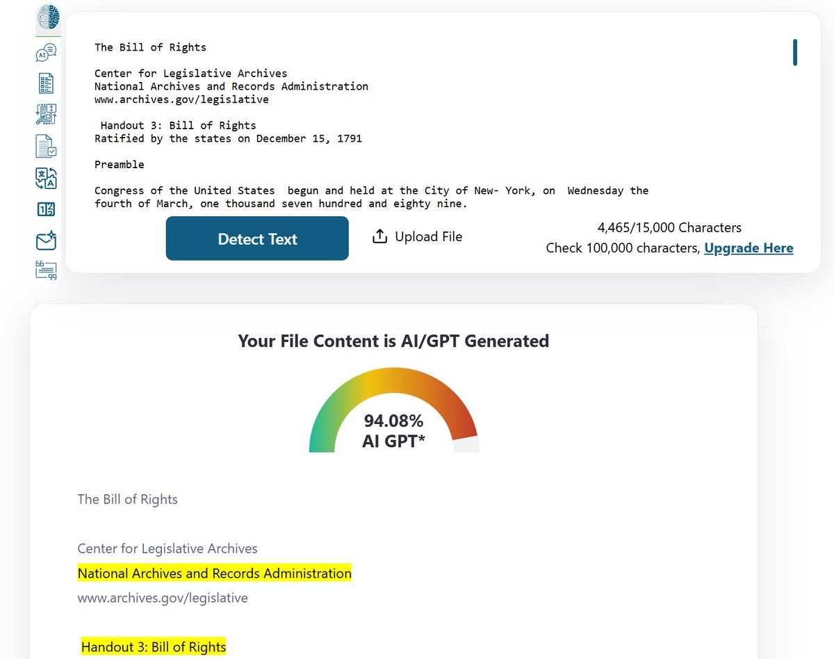 Just a reminder that the US Bill of Rights (1791) is also 94% AI generated. Show this to people who trust the reliability of AI detection tools.