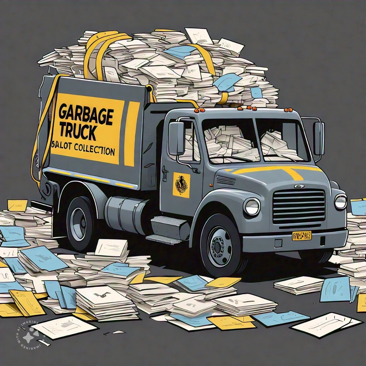 maxpower9900's tweet photo. Today's timely AI image challenge is a "Garbage Truck filled with ballots" Here's what Copilot came up with. #ai #aiart https://t.co/iSu5JaAjTR