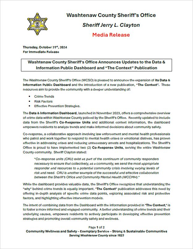 Washtenaw County Sheriff’s Office Announces Updates to the Data &amp; Information Public Dashboard and “The Context” Publication dlvr.it/TFxJrz