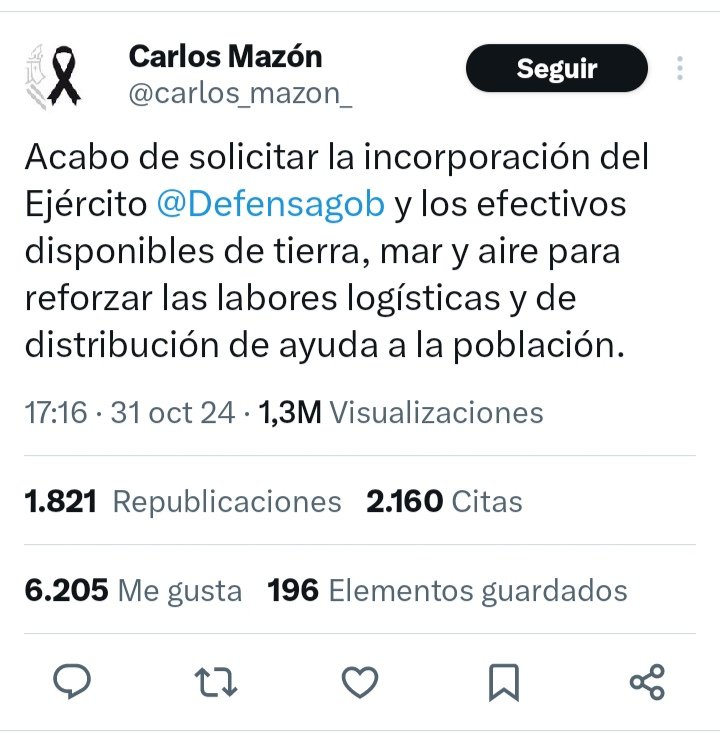 <a href="/ciudadanoalt/">Javi Cabello</a> El Ejército se moviliza cuando y donde se le demanda. Y esa demanda debe venir, en este caso, del presidente de la CCAA. Pero @carlos_mazon_ lo ha solicitado hace solo un rato. (ver día y hora de su post).