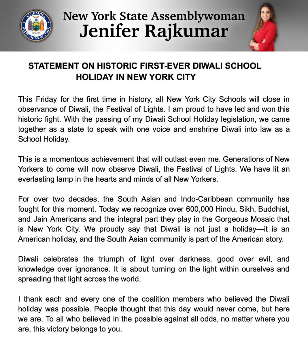 JeniferRajkumar's tweet photo. Tomorrow for the first time in history, all New York City Schools will close in observance of Diwali, the Festival of Lights. 

My Statement: https://t.co/NSX3vrRIsz