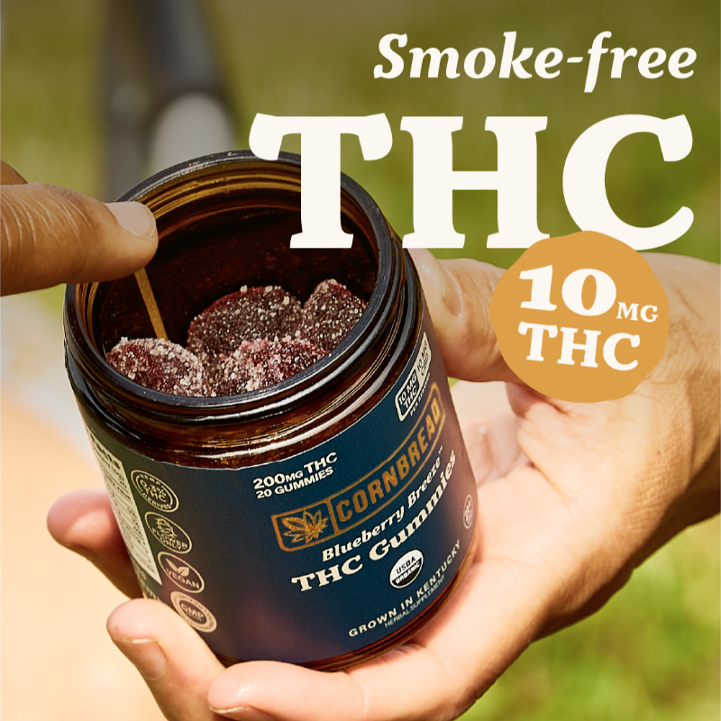 CornbreadHemp's tweet photo. Smoking too much herb? 🌿 Cut back with Cornbread's USDA Organic THC Gummies. Ships everywhere but Idaho (sorry Idaho). Get 25% off your first order with code X25 for a limited time!