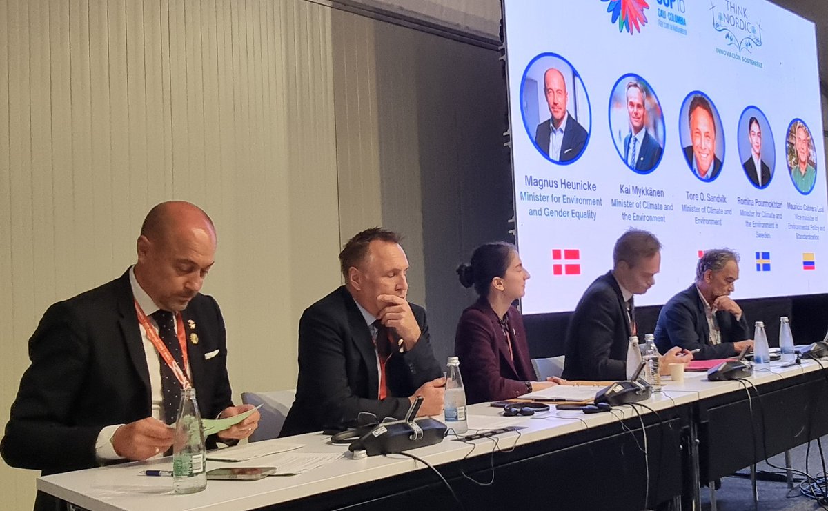 Nordic environmental ministers from Denmark, Finland, Norway and Sweden together with vice minister from Columbia in biodiversity negotiations CBD-COP16 side event in Cali changing views on how to promote #circulareconomy and #biodiversity. <a href="/yministerio/">Ympäristöministeriö</a>