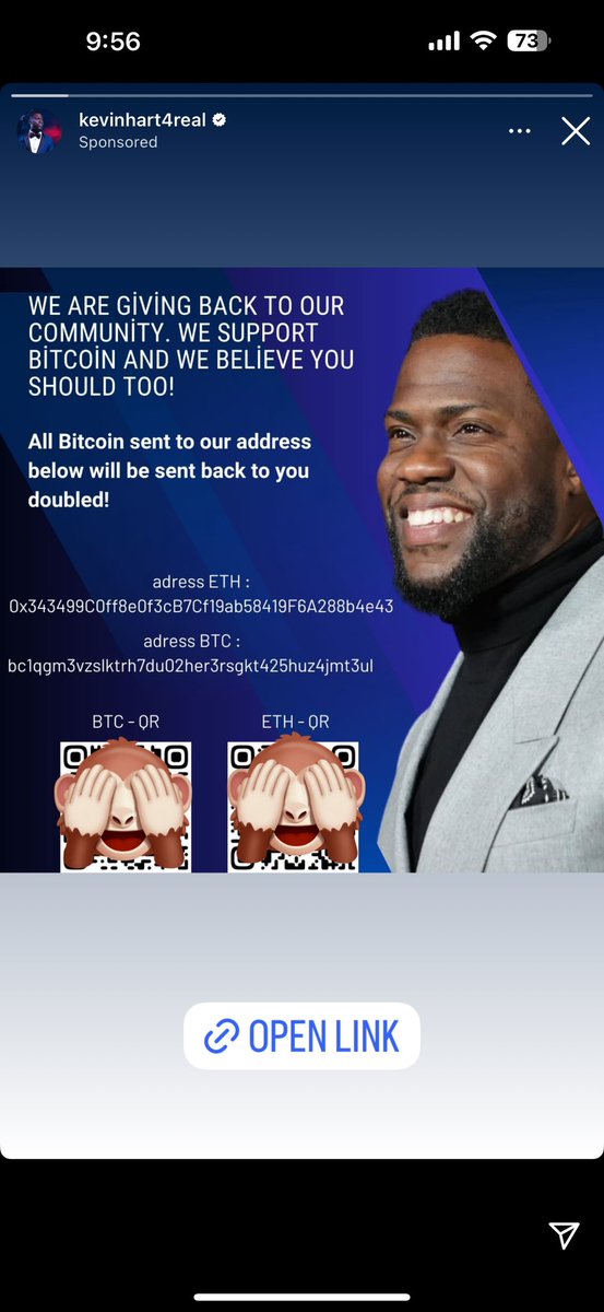 be9beast's tweet photo. @KevinHart4real why is no one on your team addressing this scam that was posted from your account? I am wondering how many of your 178M followers on IG fell for it. Covering the QRs for obvious reasons. Yes I checked it was his official account. https://t.co/W6VJdac7Tt