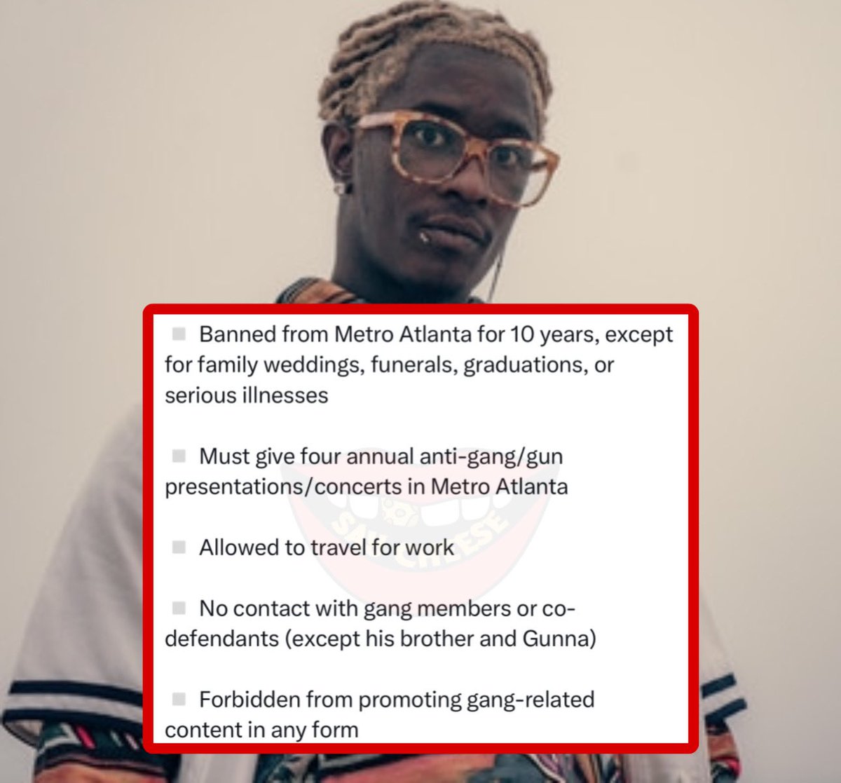 SaycheeseDGTL's tweet photo. YOUNG THUG'S FULL RELEASE CONDITIONS: https://t.co/tIekcAq95c