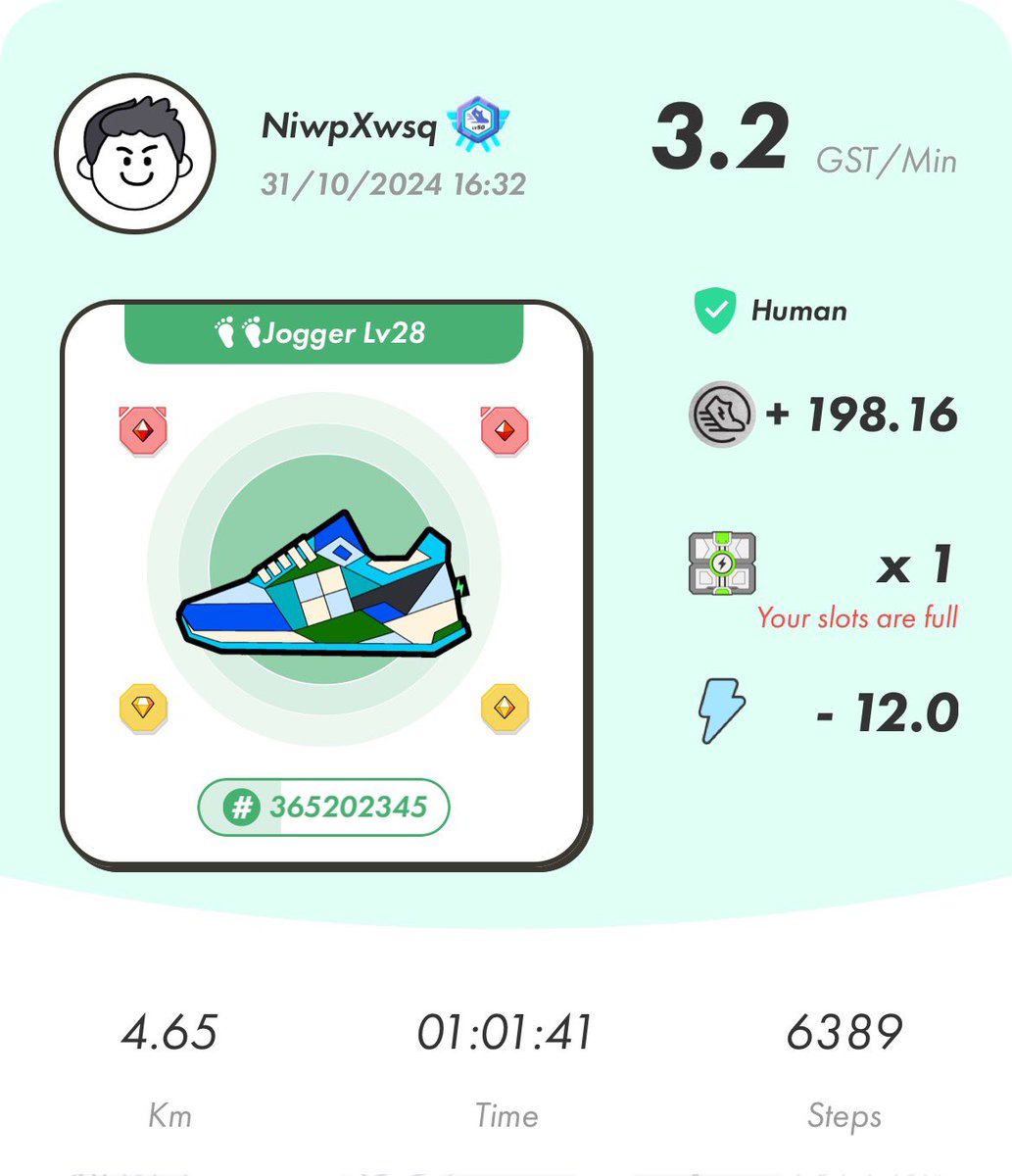 niwpx1's tweet image. STEPN 968日目 #STEPN
 
GST:198.16
GMT:42.3
エナジー:32
MB:lv7

朝20🏃‍♂️夕12🚶‍♂️

10月もなんとか300km達成！
最終日に20エナランで距離調整🤭

#STEPNActivationCode  06949798