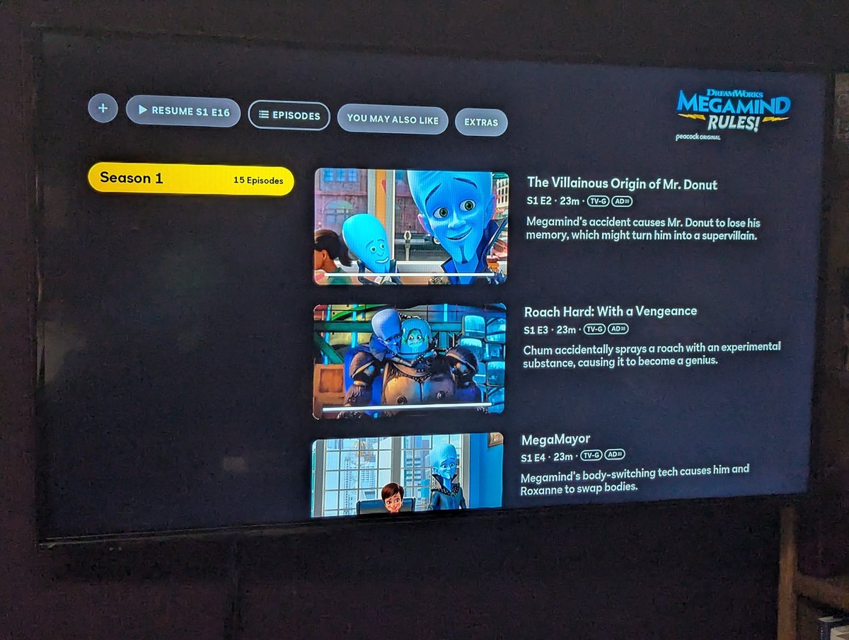 niente_dal's tweet photo. @peacock S1 E1 of #MegamindRules is missing from the lineup. The first available episode is S1 E2, and the sidebar shows 15 episodes. Should be 16. Two friends on separate accounts in different households report the same issue. Please advise? https://t.co/ic9zazDWX7