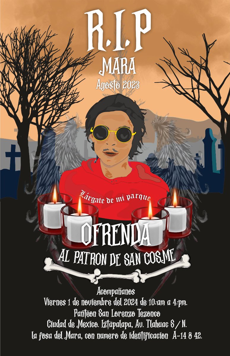 Landskateboard1's tweet photo. @BInjuve Acompáñanos a levantar los  altares en honor al Mara (oslin) y los San Cosmes en San Cosme skatepark El viernes 1 de noviembre del 2024 de 7: AM en adelante y de 10:AM a 4:PM.
En Panteón San Lorenzo Tezonco, Ciudad de México. Iztapalapa, Av. Tláhuac S / N. https://t.co/UatSytmLWo