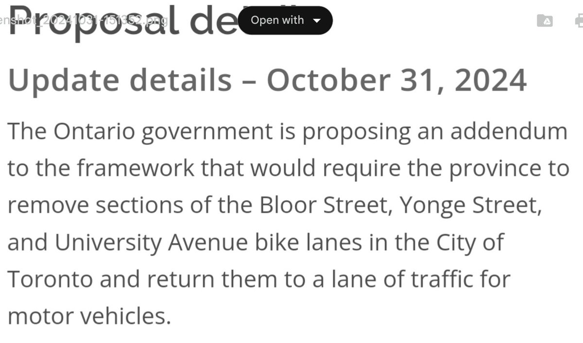 CycleToronto's tweet photo. Earlier this afternoon the government posted an update on Bill 212, the proposed anti-bike lane legislation. That link now gives a 404 error, but in no uncertain terms it was clear Bill 212 seeks to remove the Bloor St, Yonge St, and University Ave bike lanes. https://t.co/XCJ8XPjeFs