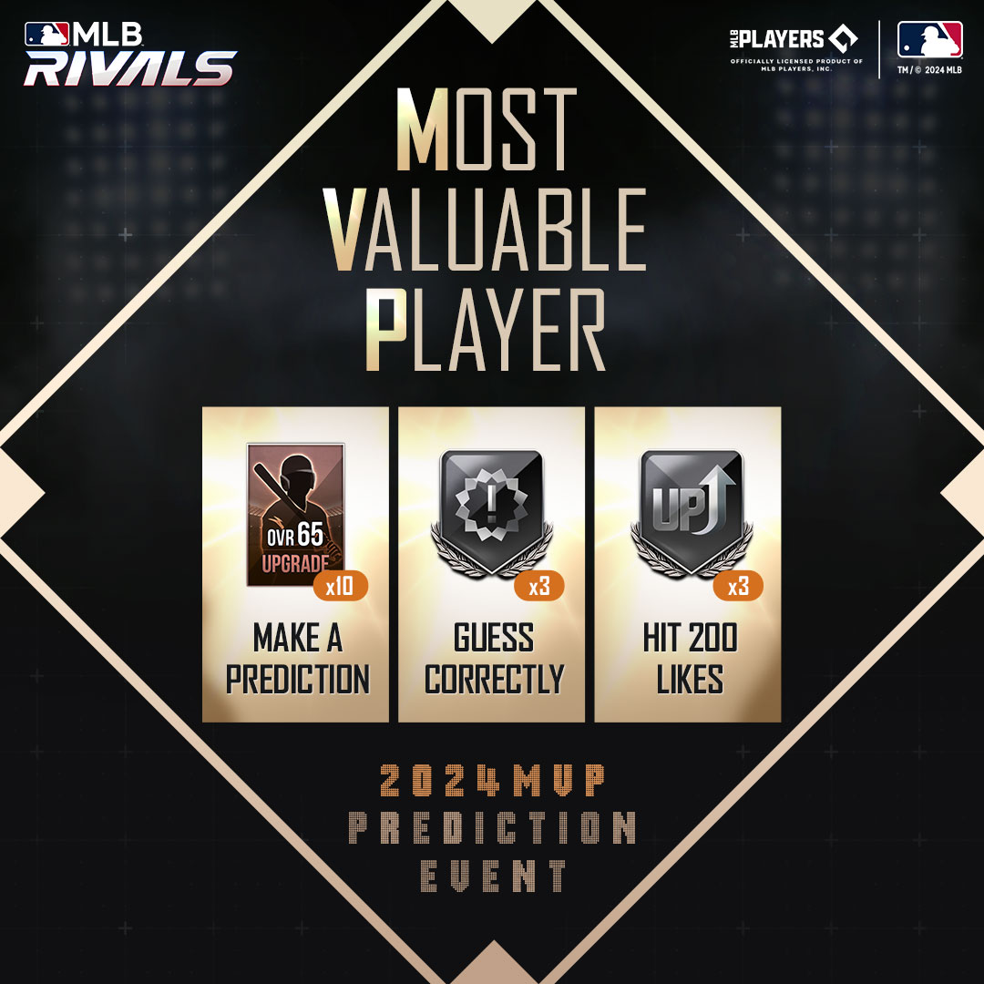 MLBRIVALSUS's tweet photo. Hey, everyone!

Think you know who’s taking home the MVP title for 2024? 🏆
Whether it’s the AL or NL, pick your player and get rewards! 🎯
But remember, you can only choose one! ⚾

[Event Period]
- Oct. 31 – Nov. 7, 11:59 PM EST https://t.co/iLX2MO1KJj