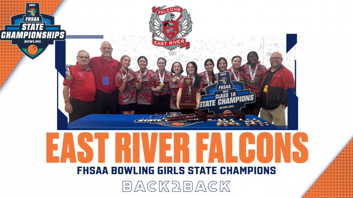 FHSAA's tweet image. 🎉 Huge congratulations to the East River High School Falcons, the FHSAA Girls Bowling State Champions! 🏆 Back-to-Back Champs! Let's celebrate this incredible achievement! 🦅💪 #FalconPride #StateChamps 🎳 @EastRiverHS