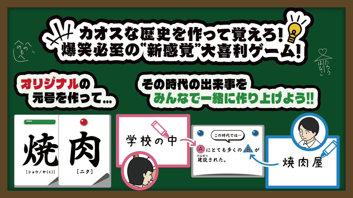 10m_before23h's tweet photo. #ゲームマーケット2024秋の予約フォームをつぶやくと誰かがRTしてくれる

予約: https://t.co/W1bejnJO2G

① お～い、ここテストに出すぞ！
3000円 / 2〜5人用 / 10歳から〜 / 15～30分
　カオスな年表を作って覚えるゲームで、大喜利と記憶力勝負が楽しめます。

② ああ我らが〇〇学校
　2000円 / 2〜4人用 / 10歳から〜 /15分
　校歌作りが題材のゲームで、大喜利と戦略的なポイント勝負が楽しめます。