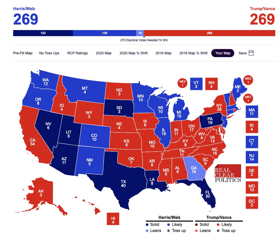 jacobgershman's tweet image. We could end up with a 269-269 tie, assuming the Blue Wall holds, California, New York and Maryland flip red, Texas, Florida and Montana flip blue, the Dakotas split and some random shifts in New England.realclearpolling.com/my-map/58H