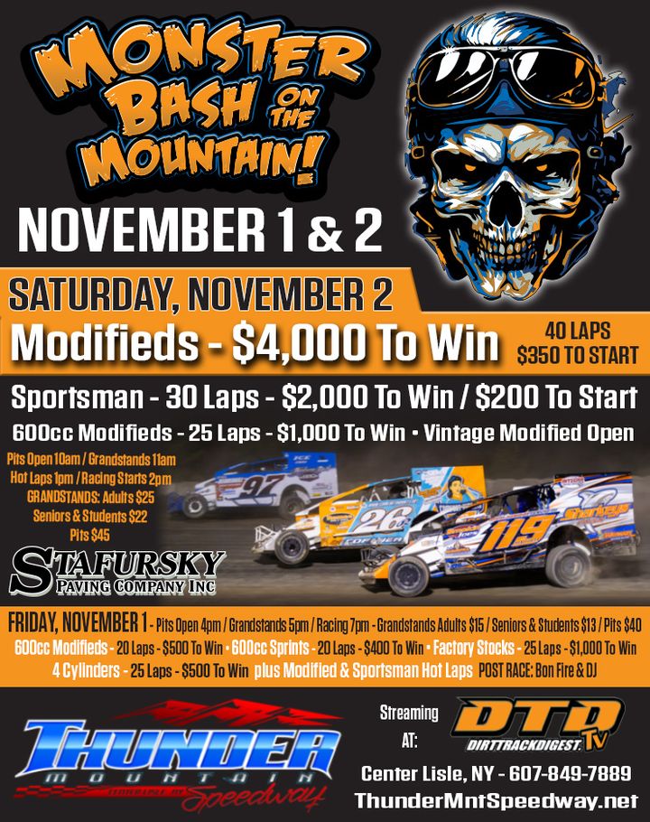RaceNY's tweet photo. Thunder Mountain Speedway: #thundermtnspeed

 Thunder Mountain Speedway 
 Monster Bash on the Mountain
 November 1 &amp; 2
 
 Dirt Track Digest
 
 Continue reading... https://t.co/wN7794CXAQ https://t.co/qi3HrRZJuh