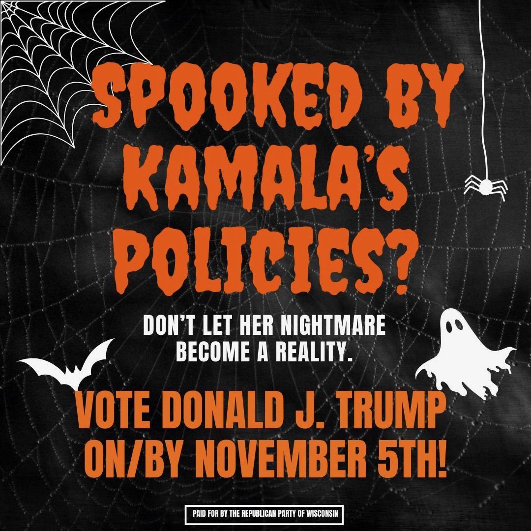 KelliBarrette's tweet photo. Spooky season is feeling way too real this year. No more Kamala!!! We want #TRUMP #MAGA #WisconsinForTrump https://t.co/MOPl9oWiz6