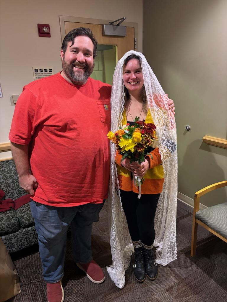 ChronoHawk's tweet photo. I didn't quiteI can't say that I had wedding in a hospital on my bingo card. For one, I would've dressed a little more the part! 

I'm so glad we could still ensure your dad would be the one to marry us. Come what may,  I'm with you @Lizzie_Mueller.  Always. https://t.co/ak8uMKGtoa
