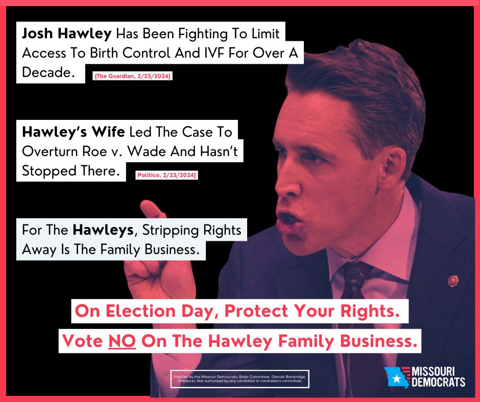 MoDemParty's tweet photo. Josh Hawley just cannot be trusted with our healthcare as he has been attacking women for years. Hawley has voted against protecting IVF at least twice, and cosponsored a national abortion ban to further shove his religious beliefs down our throats.
Enough. #mosen #mosendebate https://t.co/KYJVX1LeFX