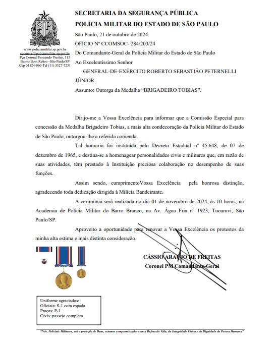 É com profunda honra e gratidão que recebo a Outorga da Medalha “Brigadeiro Tobias”, concedida pela Secretaria da Segurança Pública e pela Polícia Militar do Estado de São Paulo. Este reconhecimento representa um marco significativo em minha trajetória.