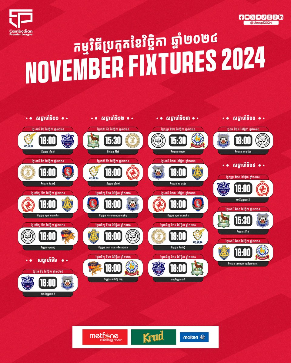 thecpl2024's tweet photo. Cambodian Premier League 2024/25 ๐
CPL - November Fixtures ๐ด
From Saturday, 02nd November 2024
CPL Telegram: https://t.co/51l2vQiKAP โ
#CAMBODIANPREMIERLEAGUE #CPL2425 #CPL #WEEK11 #FFC #NovemberFixtures https://t.co/gzFTK3POQF